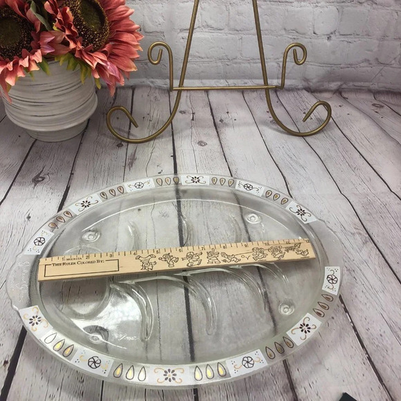 vintage inland glass platter with gold and brown detail on rim edge - Picture 9 of 10